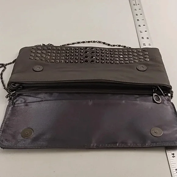 Gray Clutch Crossbody bag Gunmetal Studs Black Faceted Stones Removable Chain - Picture 5 of 11